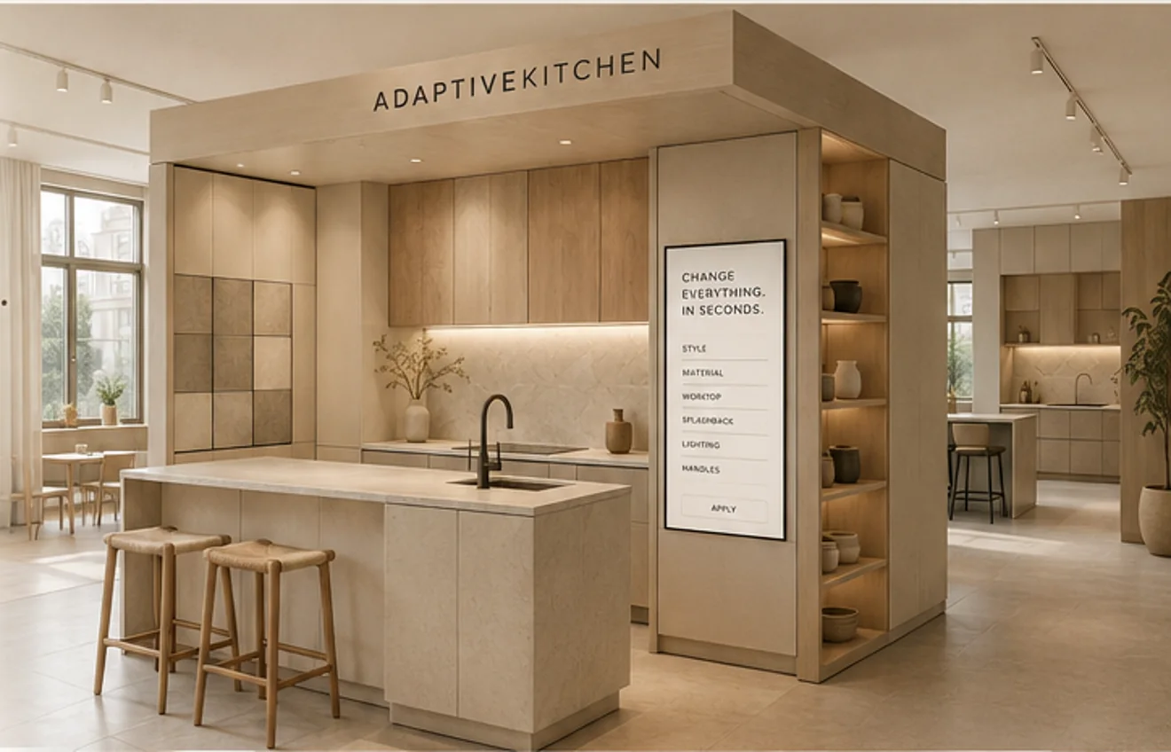 Lichte Japandi keuken als conceptuele AdaptiveKitchen showroomopstelling